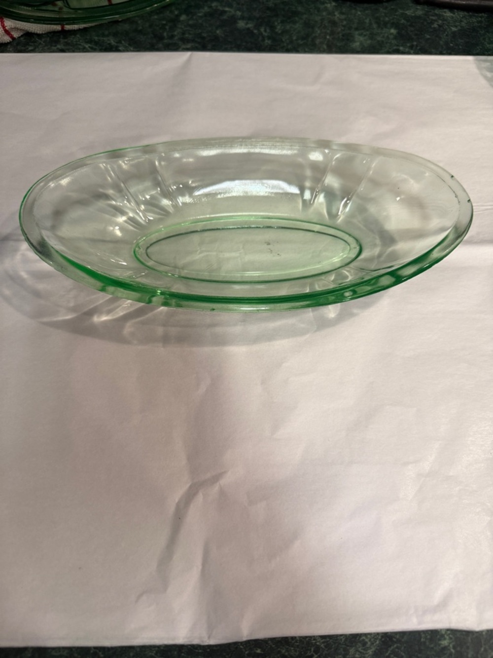 Vintage Green Glass Oval Serving Bowl